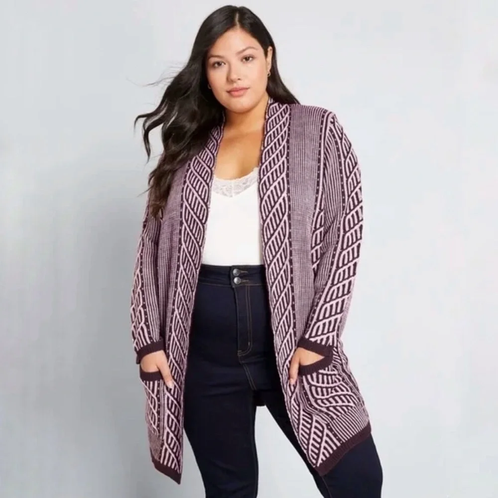 ModCloth Standout Burgundy Knit Open Front Cardigan Sweater Size Large